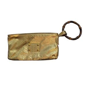 Vintage Cri Cri Milano Italy Gold Metallic Leather Bamboo Handle Evening Clutch